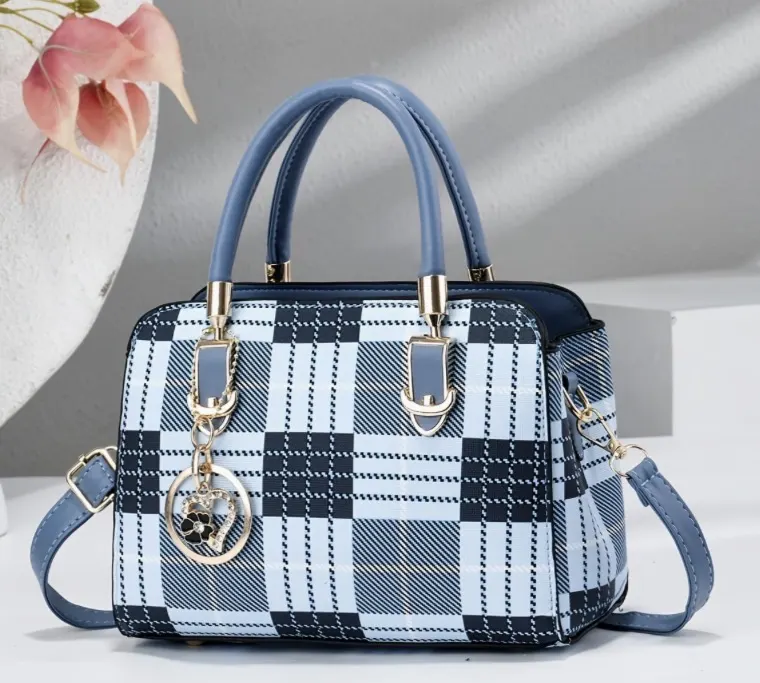 Women’s Blue Plaid Tote & Crossbody Bag – Large Handbag with Rhinestone Charm, Zipper Shoulder Purse