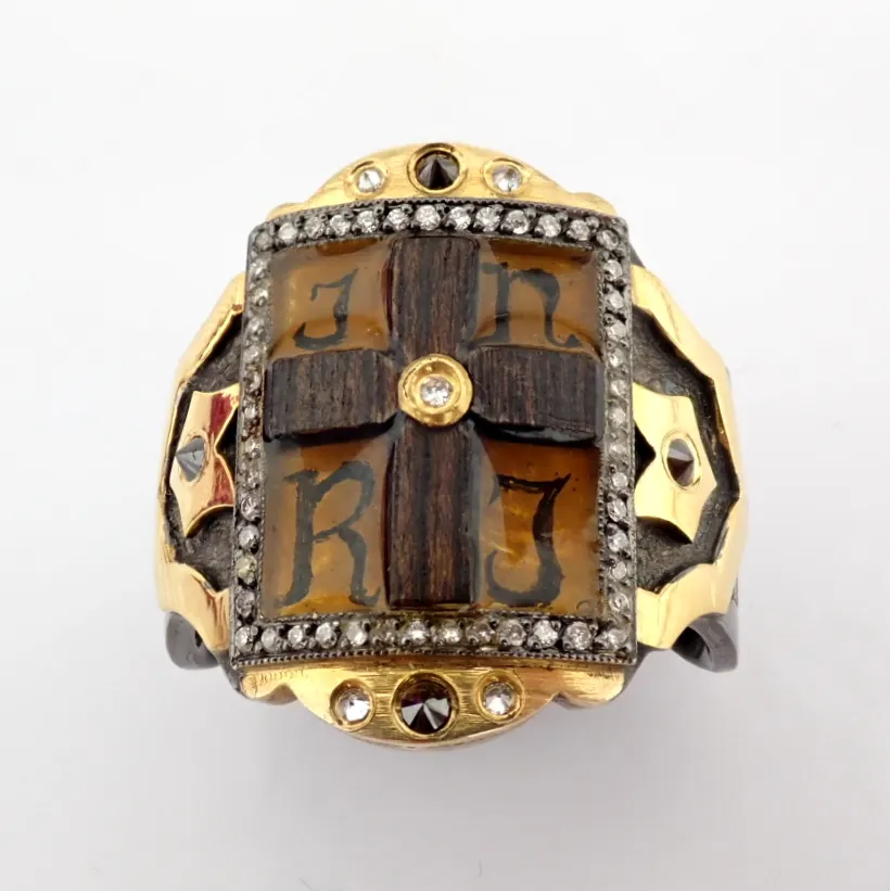 Exquisite Hand-Made and Micro-Painted Cross Ring, With Brilliant Diamonds and Gold On Silver