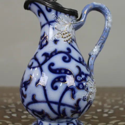 Victorian Flow Blue Relief-Moulded Jug with Pewter Lid, c.1850