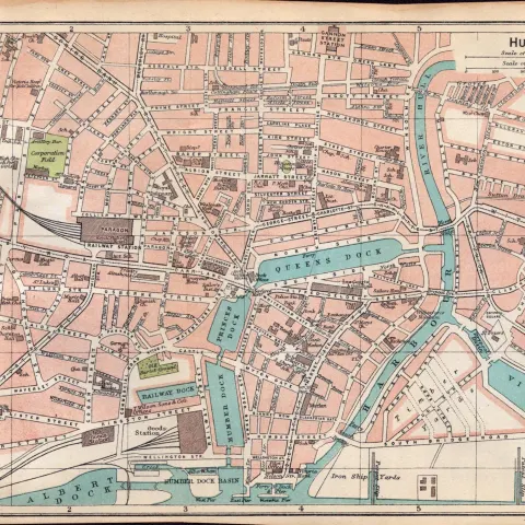 Hull City Street Plan Coloured Vintage 1924 Map.