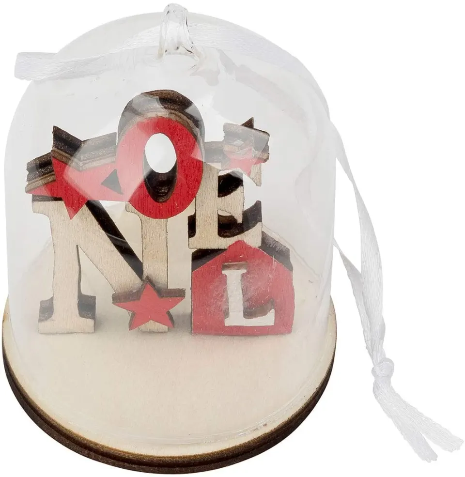 6 x SMALL GLASS DOME & WOOD CHRISTMAS DECORATION (RED TONES NOEL)