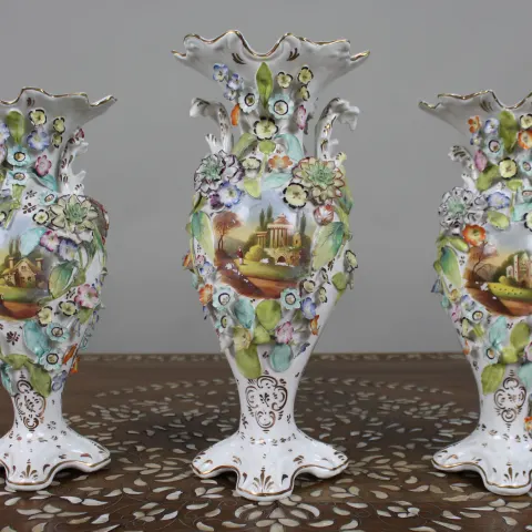 Garniture of Three English Flower-Encrusted Porcelain Vases, c.1850 (probably Samuel Alcock & Co.)