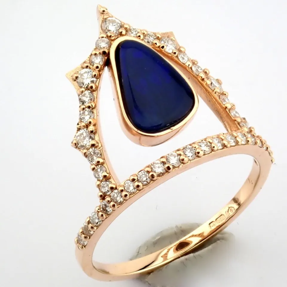 18K Rose Gold Ring , Detailed With Doublet Opal and Brilliant Diamonds.