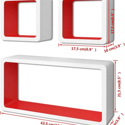 3 Floating Wall Cube Shelfs In White & Red RRP 45.96