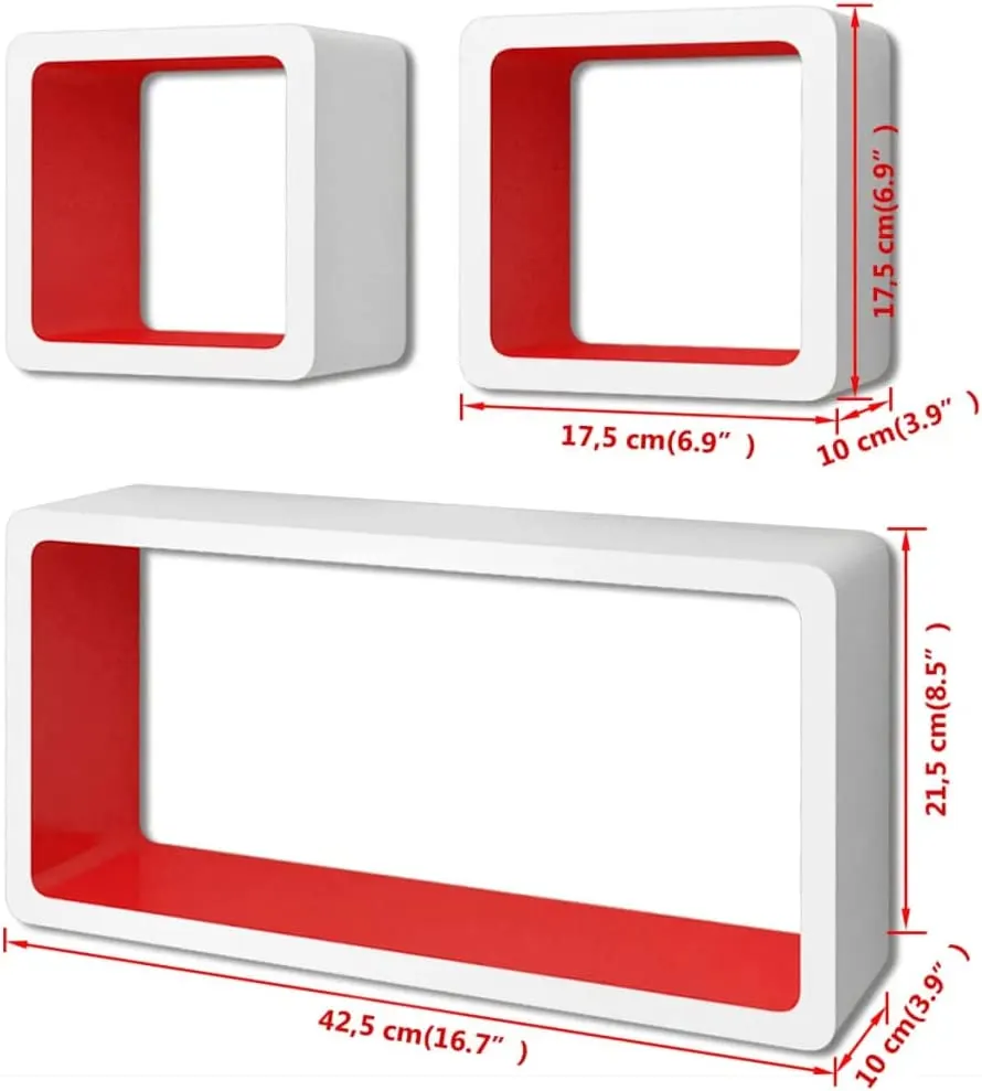 3 Floating Wall Cube Shelfs In White & Red RRP 45.96
