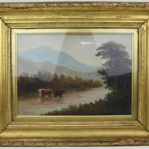 Cattle in a Stream – Victorian Landscape by E.J. Bladon
Oil on Board, Signed