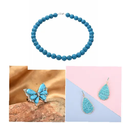 NEW!! Blue Howlite Beads Necklace,Earrings & Butterfly Ring Sterling Silver