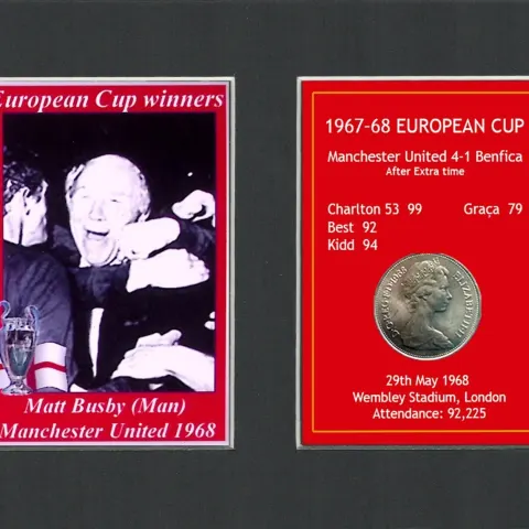 Matt Busby Manchester United 1968 European Cup Mounted Coin Metal Art