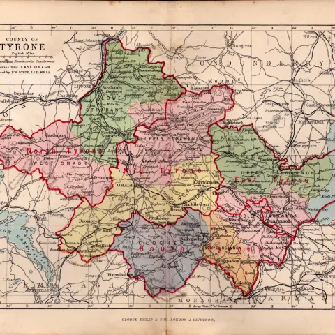 County Tyrone Ireland Antique Detailed Coloured Victorian Map.
