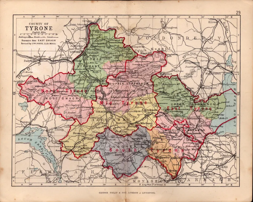 County Tyrone Ireland Antique Detailed Coloured Victorian Map.