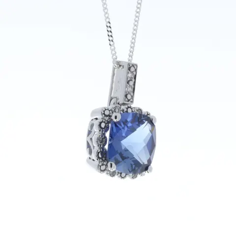9ct White Gold Created Ceylon Sapphire Diamond Pendant 0.05