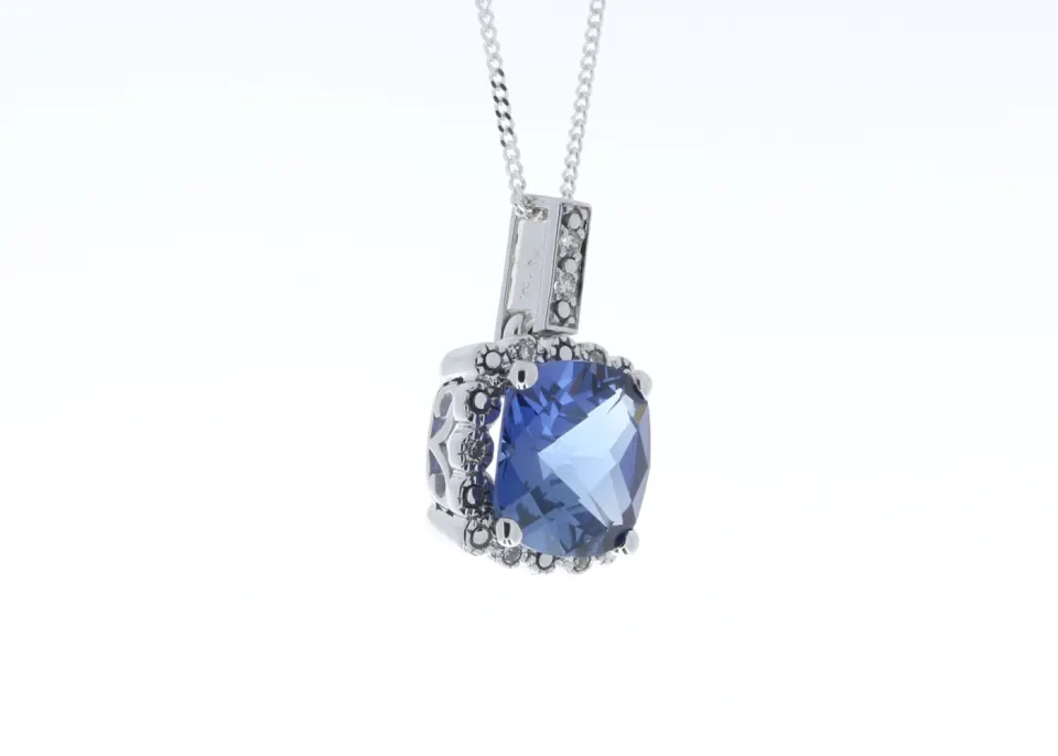 9ct White Gold Created Ceylon Sapphire Diamond Pendant 0.05