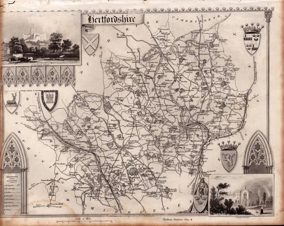 Hertfordshire  Steel Engraved Victorian Thomas Moule Antique Map.