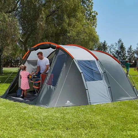(36/7B) RRP £99. Ozark Trail 6 Person Tunnel Tent Orange And Grey. Hydrostatic head rating of 2000m