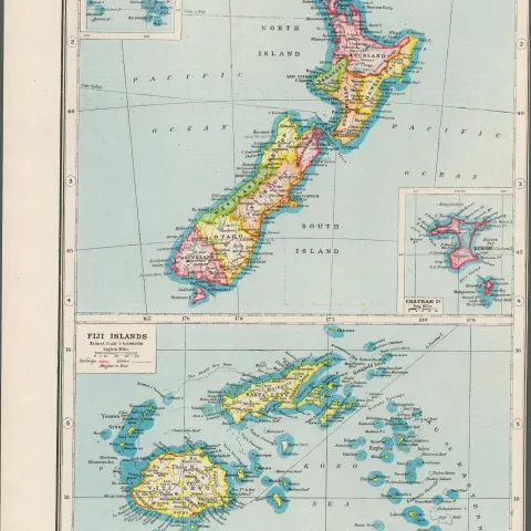 New Zealand & Fiji  Coloured Antique Map-372.