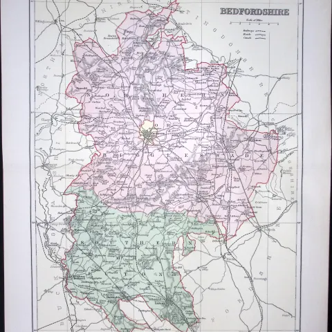 Bedfordshire Detailed 1894 Coloured Antique  130 Years-Old Map.
