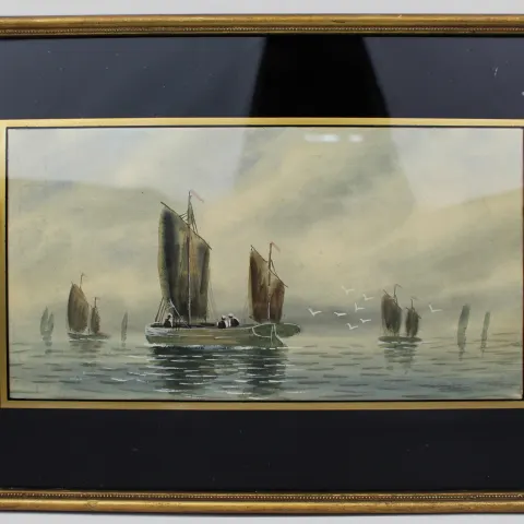 Late Victorian Boats Watercolour with Verre Eglomise Surround