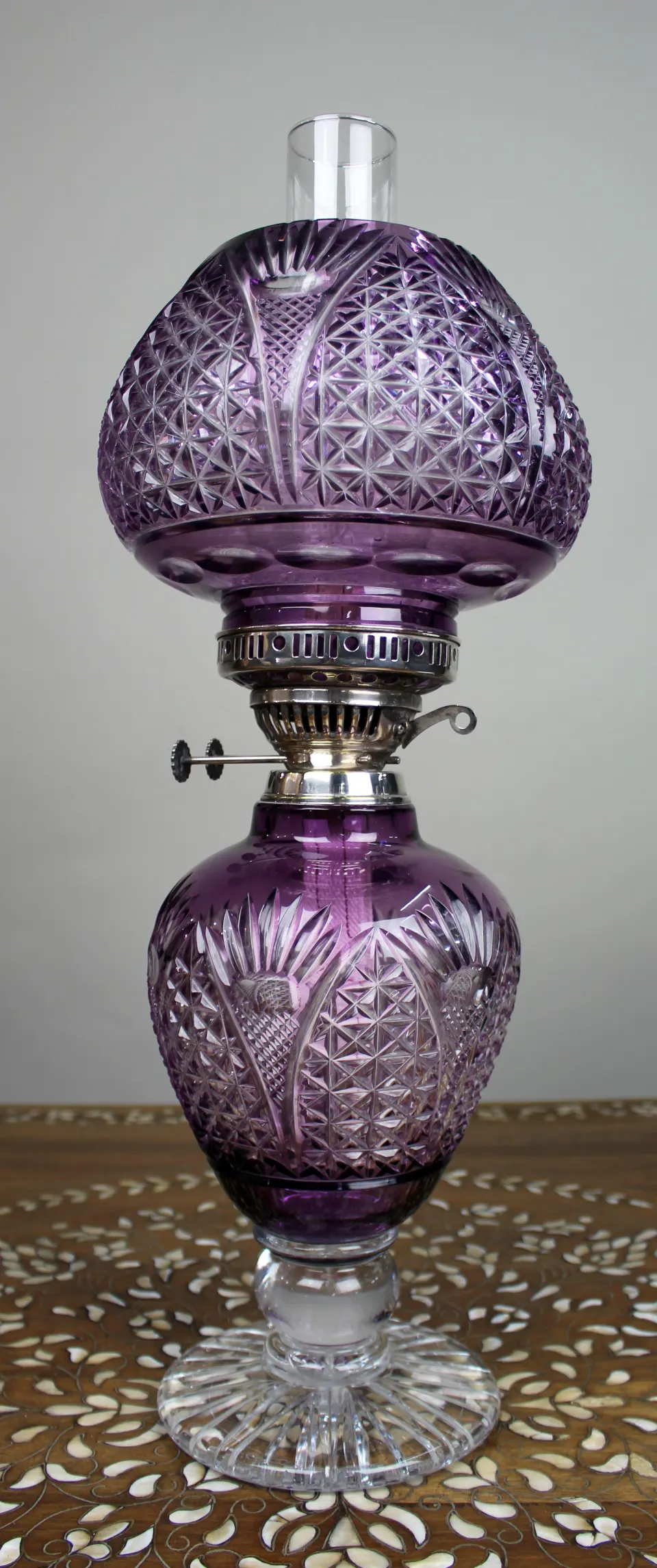 Fine Stourbridge Amethyst Overlay Crystal Oil Lamp