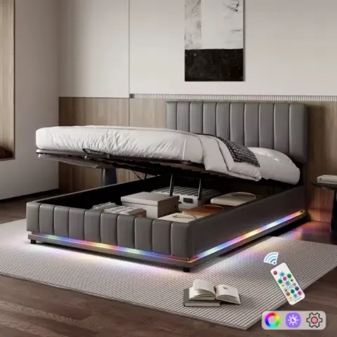 Ottoman Bed Double LED Lighting PU Leather Upholstered Bed Hydraulic Storage 4ft6 Double RRP £650