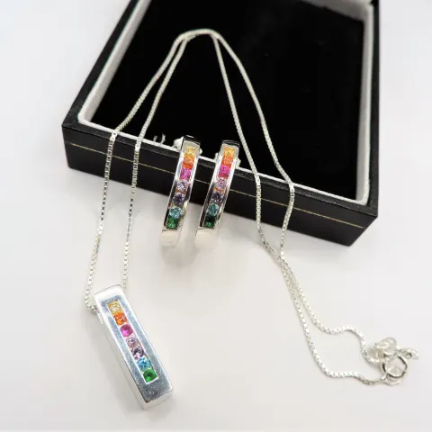 Sterling Silver Multi Gemstone Necklace and Earrings Set New with Gift Pouch