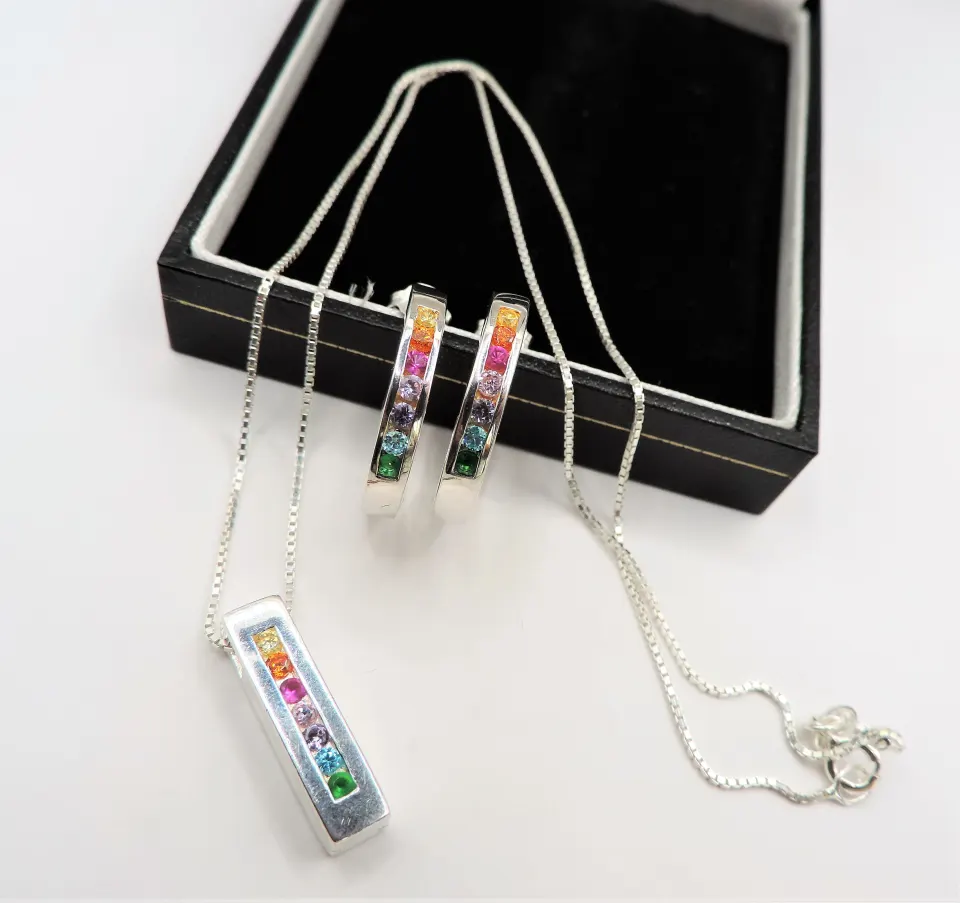Sterling Silver Multi Gemstone Necklace and Earrings Set New with Gift Pouch