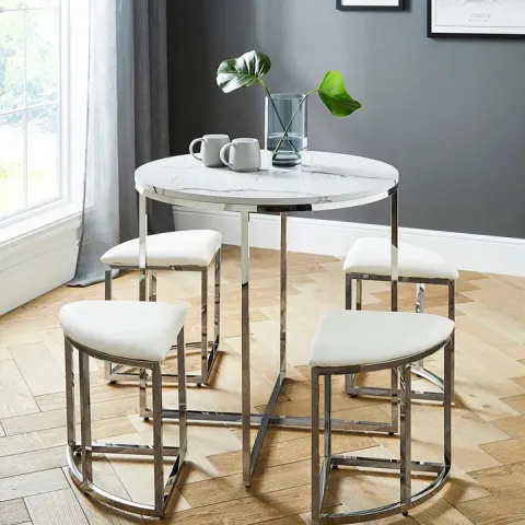 (13/Mez) RRP £409. Milan Hideaway Space Saving Dining Set Marble Chrome. Dimensions: (H78x Dia80cm)