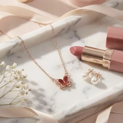 Rose Gold-Tone Butterfly Pendant Necklace, Red Sparkly Charm on Fine Chain, Fashion Costume Jeweller