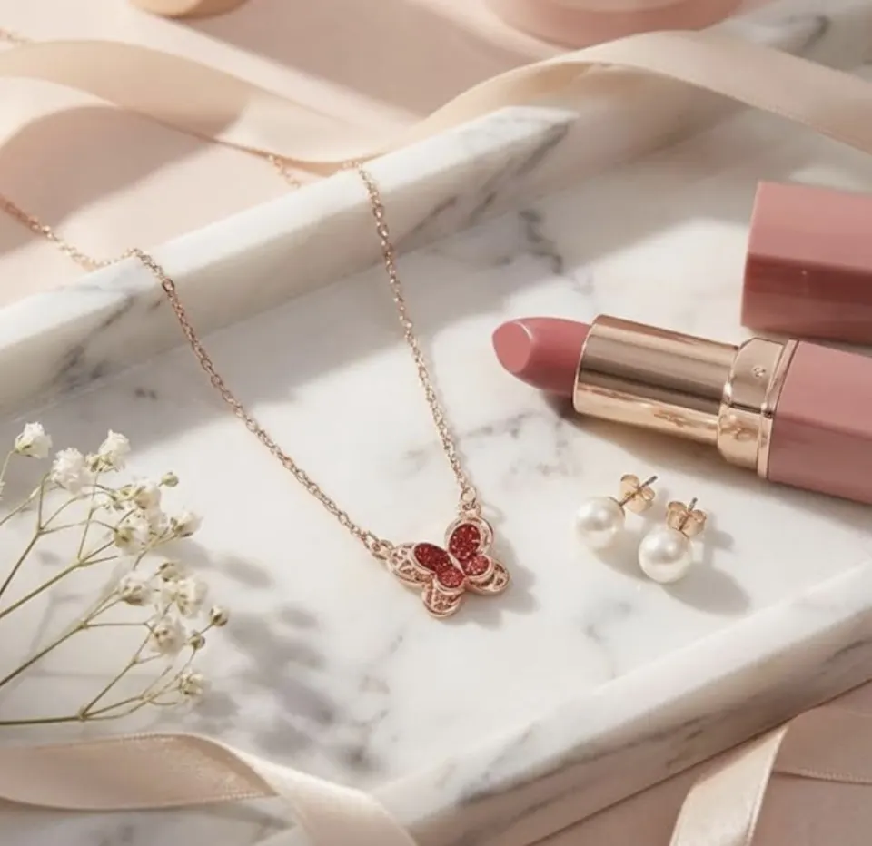 Rose Gold-Tone Butterfly Pendant Necklace, Red Sparkly Charm on Fine Chain, Fashion Costume Jeweller