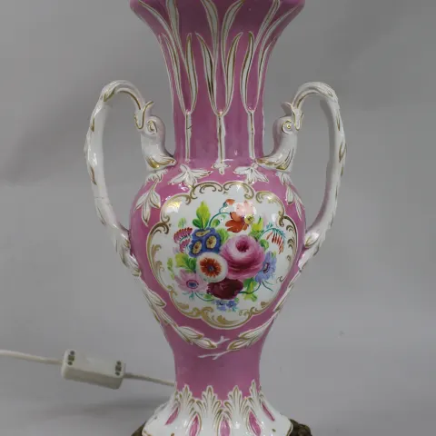 Antique Hand Painted Two Handled Porcelain Table Lamp
