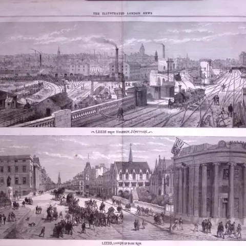 Leeds Antique Large Wood-Engraving Park Row & The Railway Approach from Holbeck Junction-8.
