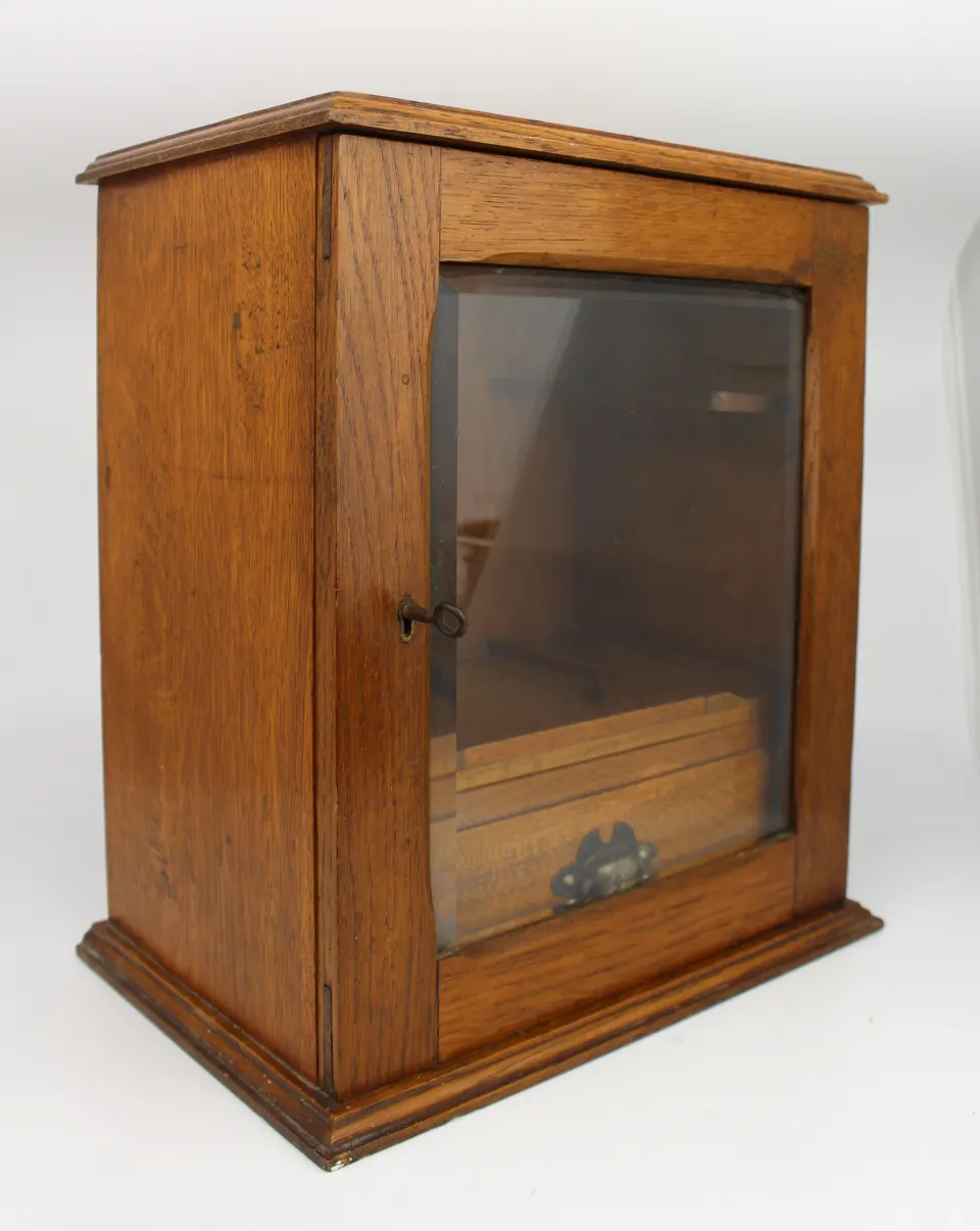 Early 20th c. Oak Glazed Table Tobacco Cabinet