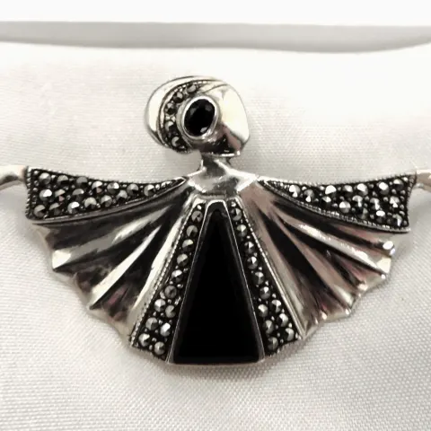 Sterling Silver Black Onyx & Marcasite Art Deco Style Brooch