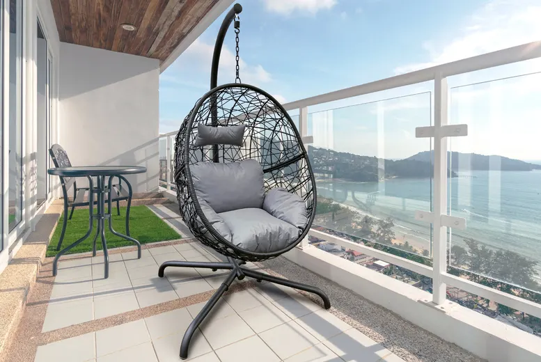 New Rattan Hanging Egg Chair With A Cushion and Pillow - Black  