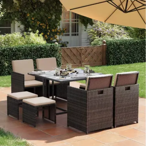 Garden Furniture Set Dining Table and Chairs, Set of 9 PE Rattan Outdoor Patio Furniture, Glass Top