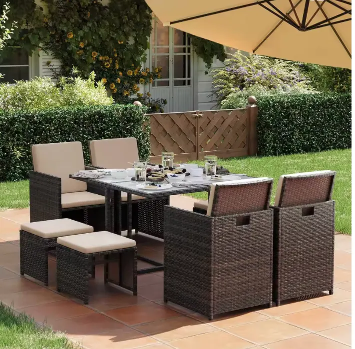 Garden Furniture Set Dining Table and Chairs, Set of 9 PE Rattan Outdoor Patio Furniture, Glass Top