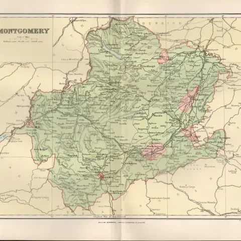 County Of Montgomery Wales Victorian 1894 Coloured Map.