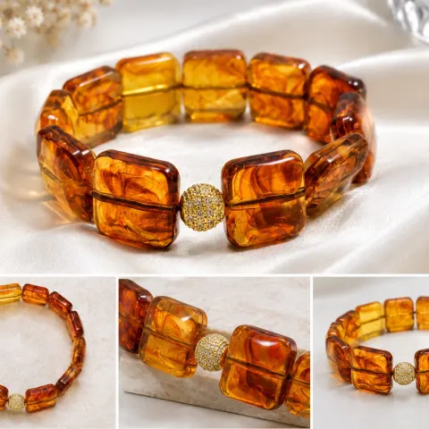 Amber Tone Square Beaded Bracelet with Sparkling Accent