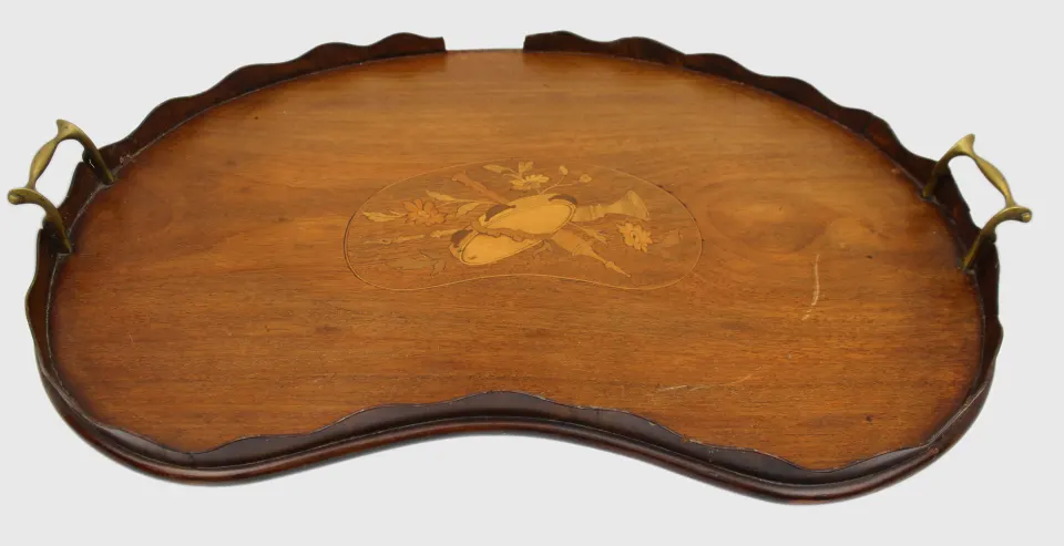 Antique Inlaid Wooden Tray with Brass Handles