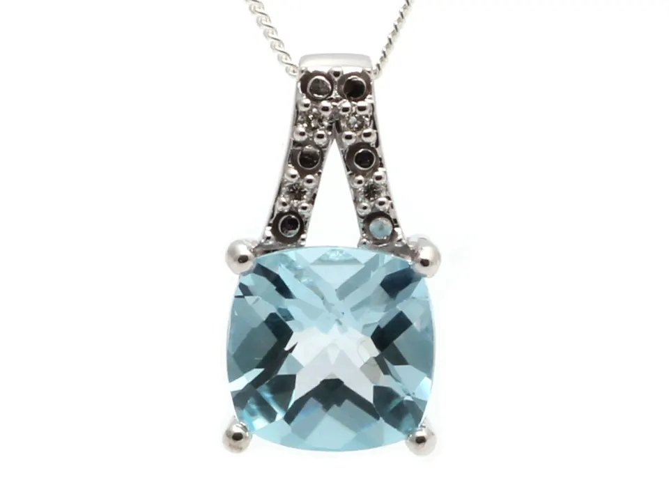 9ct White Gold Diamond And Blue Topaz Pendant (BT3.54) 0.05 Carats