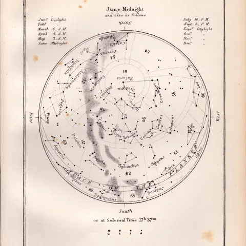 June  Midnight Chart Victorian Antique 1892 Atlas of Astronomy 44.