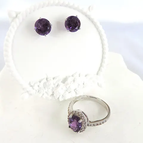 925 Silver Amethyst Gemstone Ring & Earrings 'New'