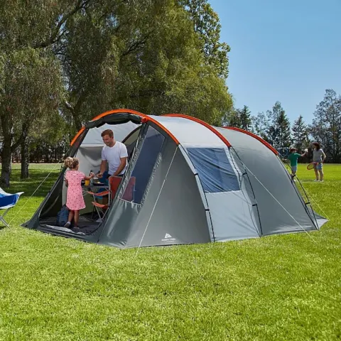 (14/7B) RRP £99. Ozark Trail 6 Person Tunnel Tent Orange And Grey. Hydrostatic head rating of 2000m