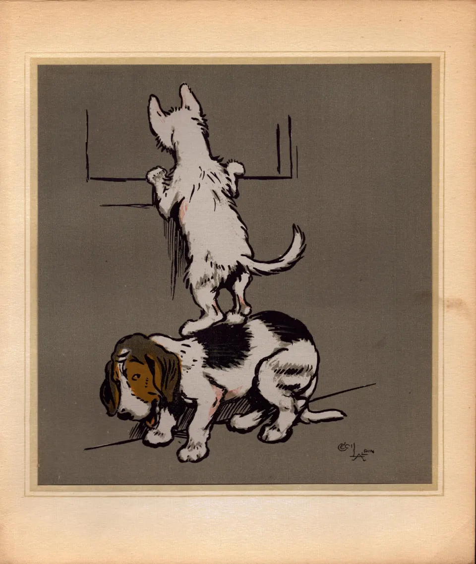 Cecil Aldin Merry Party Rare Antique Book Plate  “Getting A Leg Up”