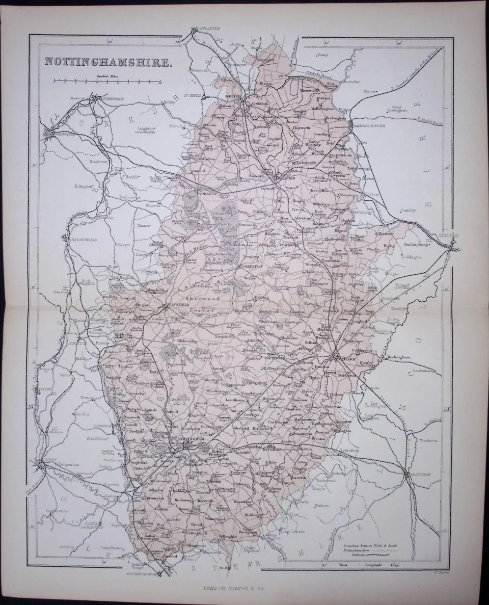 Nottinghamshire 150 Years-Old 1875 Coloured Detailed Antique 1875 Map-38