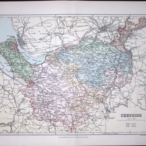 County Cheshire Detailed 1894 Coloured Antique  130 Years-Old Map.