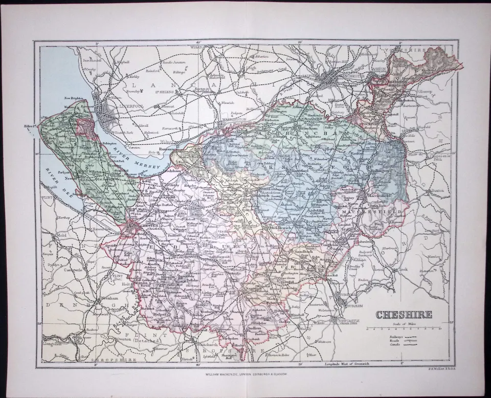 County Cheshire Detailed 1894 Coloured Antique  130 Years-Old Map.