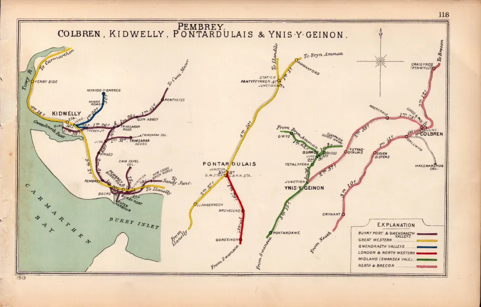 Pembrey Colbren Kidwelly Pontardulais Wales Antique Railway Diagram 118.