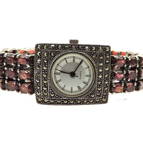Vintage Sterling Silver Garnet Gemstone Watch - Working New Battery Fitted