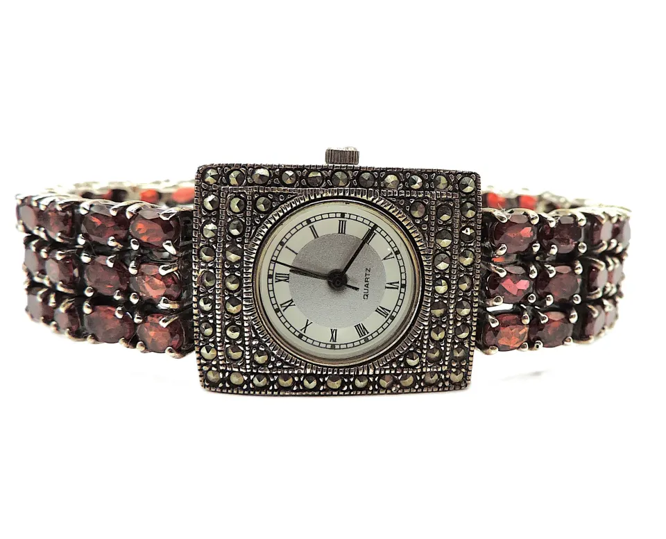 Vintage Sterling Silver Garnet Gemstone Watch - Working New Battery Fitted