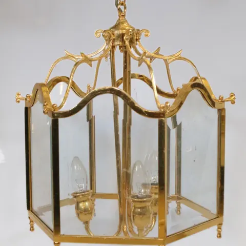 Vintage Italian Gilt Brass and Bevelled Glass Hexagonal Lantern